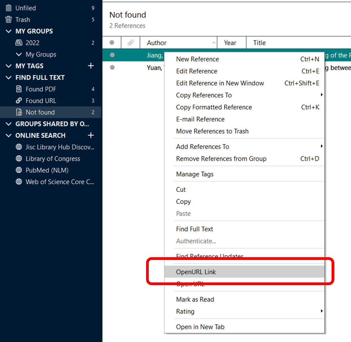 Find Full Text查找不到全文的書目，請選取其中一筆「Not found」的書目後按右鍵，點選「OpenURL Link」搜尋圖書館所提供的其他全文路徑。