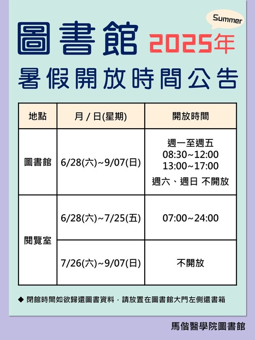 2025年圖書館暑假開放時間(另開新視窗/jpg檔)